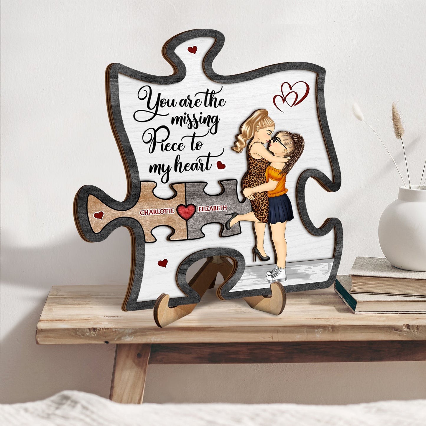 You Are My Missing Piece To My Heart - Anniversary Gift For Spouse, Lover, Couple - Personalized 2-Layered Wooden Plaque With Stand