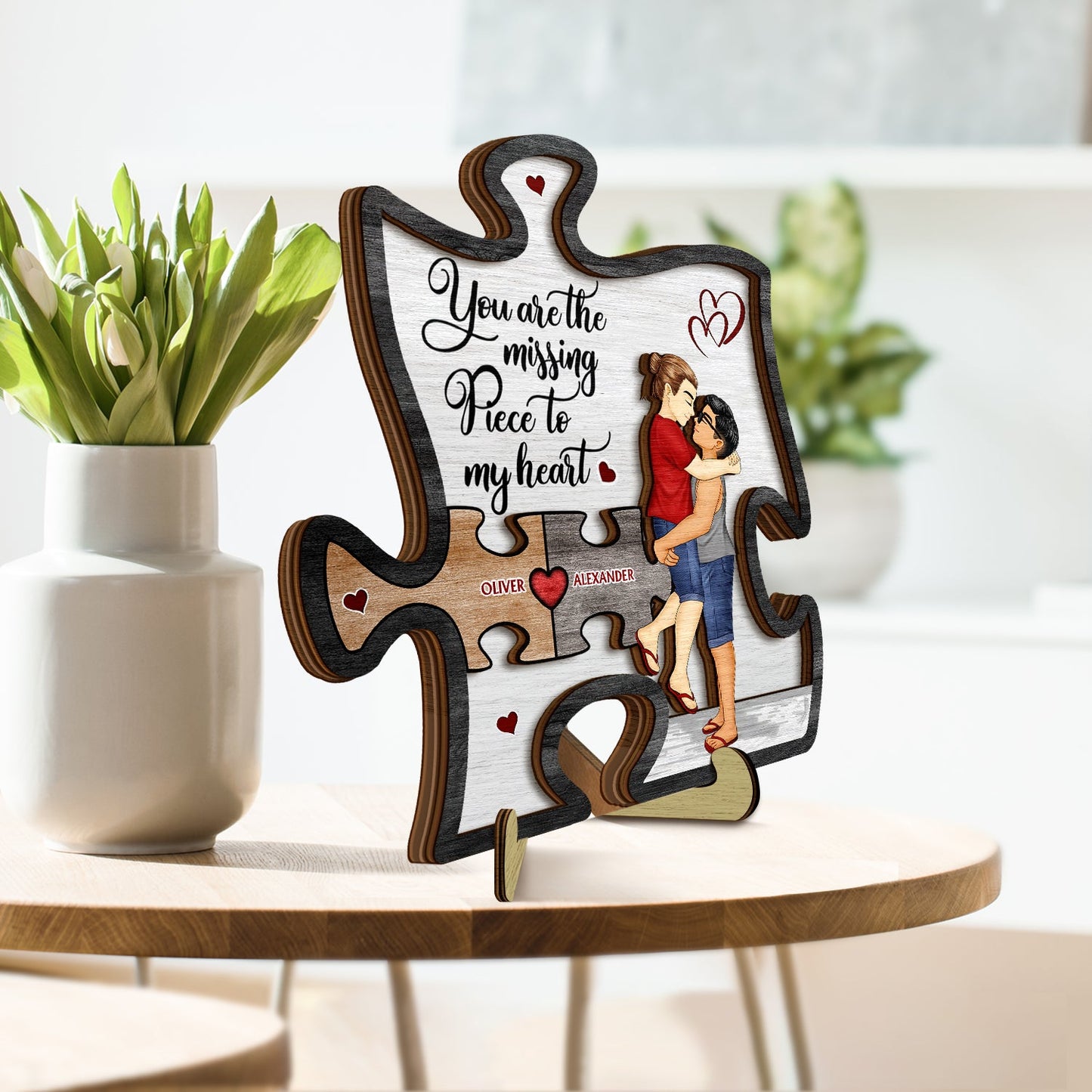 You Are My Missing Piece To My Heart - Anniversary Gift For Spouse, Lover, Couple - Personalized 2-Layered Wooden Plaque With Stand