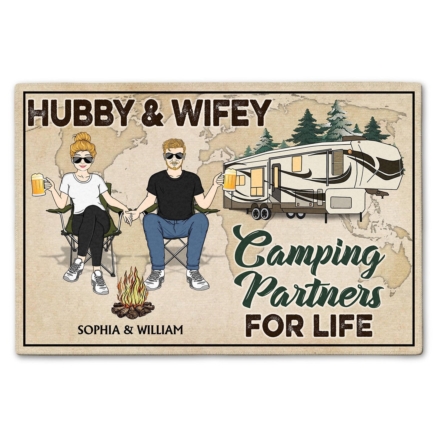 Hubby & Wifey Camping Partners For Life - Gift For Couples, Camping Lovers - Personalized Doormat