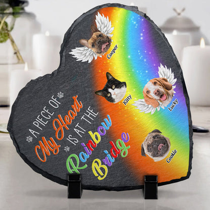 Custom Photo A Piece Of My Heart Is At The Rainbow Bridge - Pet Memorial Gift - Personalized Heart Memorial Garden Stone