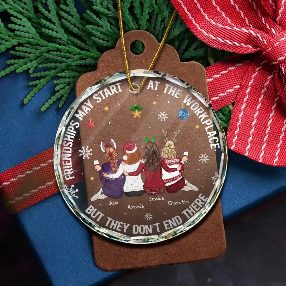 Friendships May Start At The Workplace Christmas Colleagues Backside - Personalized Circle Glass Ornament
