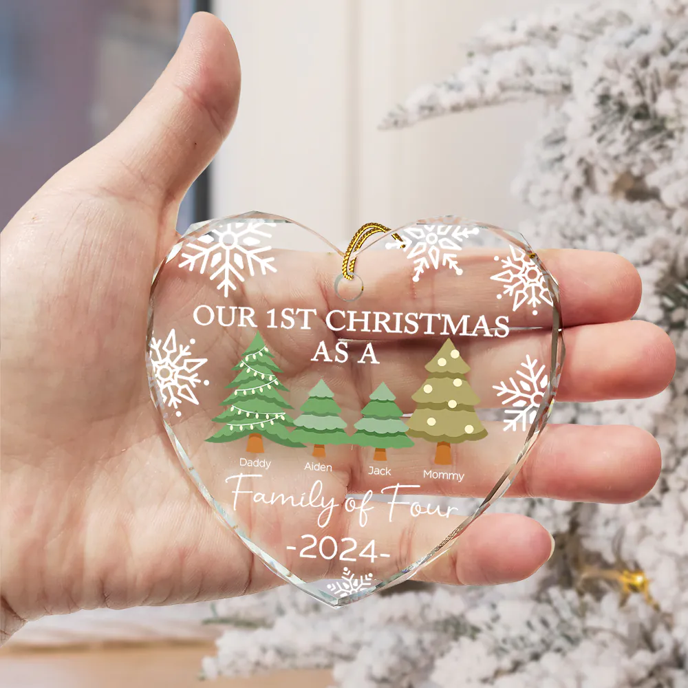 First Christmas As A Family Of Three - Personalized Heart Shaped Acrylic Ornament