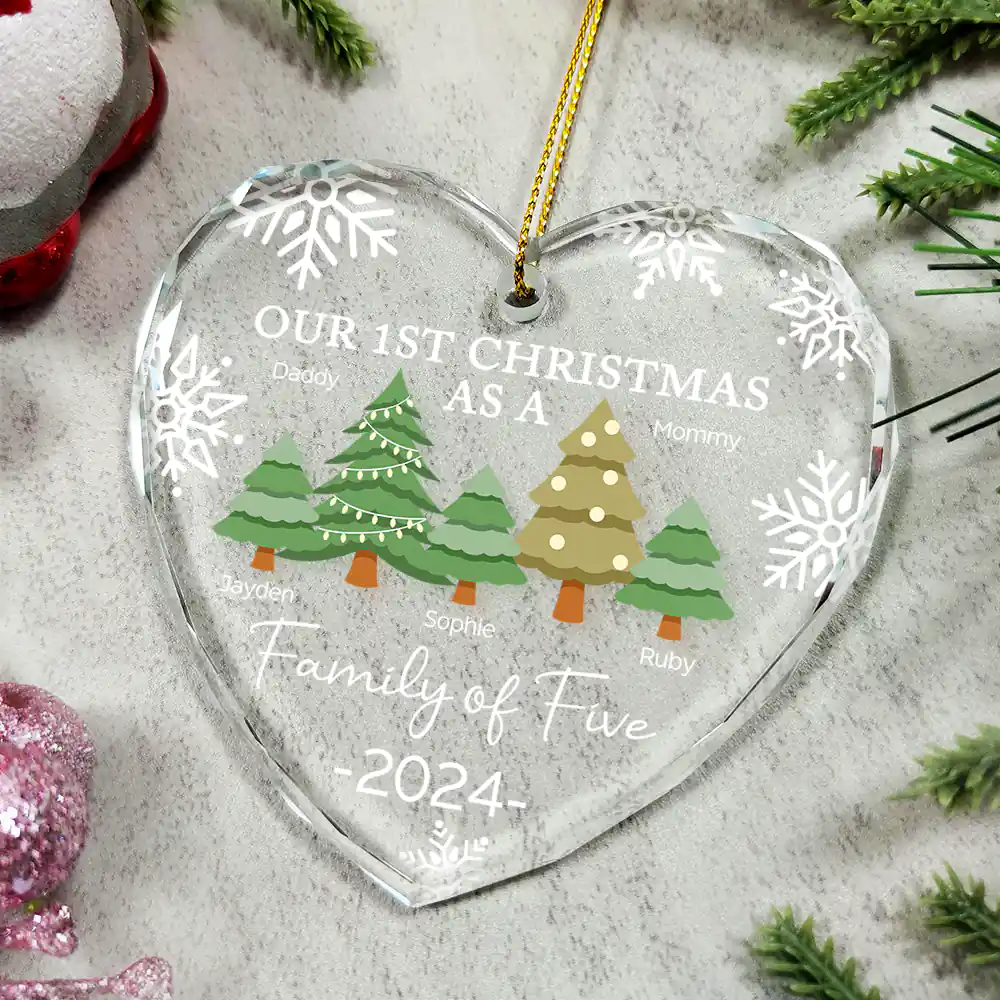 First Christmas As A Family Of Three - Personalized Heart Shaped Acrylic Ornament