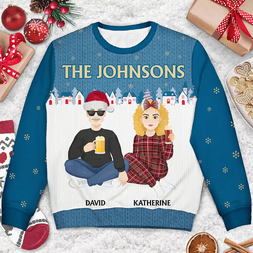 Flat Art Family Sitting Winter Neighborhood - Personalized Unisex Ugly Sweater