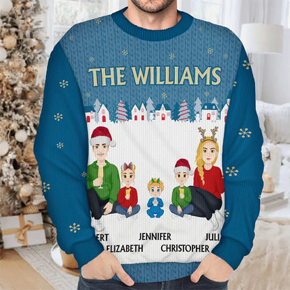 Flat Art Family Sitting Winter Neighborhood - Personalized Unisex Ugly Sweater