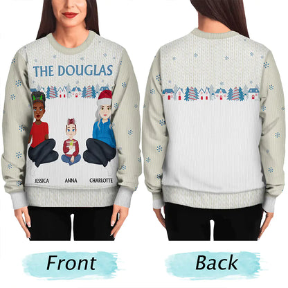 Flat Art Family Sitting Winter Neighborhood - Personalized Unisex Ugly Sweater