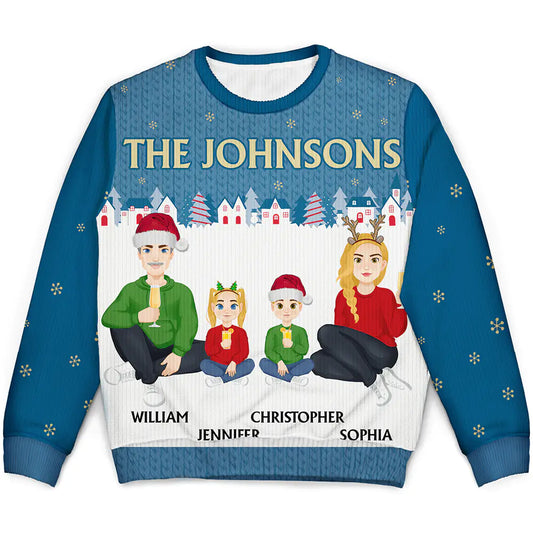 Flat Art Family Sitting Winter Neighborhood - Personalized Unisex Ugly Sweater