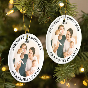 Custom Photo First Christmas As A Family Of Three New Parents - Personalized Circle Ceramic Ornament