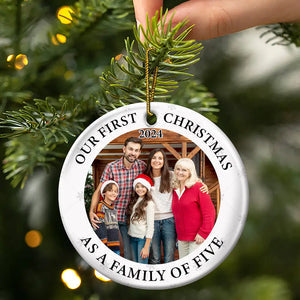 Custom Photo First Christmas As A Family Of Three New Parents - Personalized Circle Ceramic Ornament