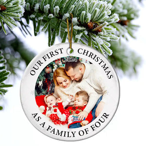 Custom Photo First Christmas As A Family Of Three New Parents - Personalized Circle Ceramic Ornament