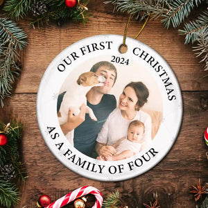 Custom Photo First Christmas As A Family Of Three New Parents - Personalized Circle Ceramic Ornament