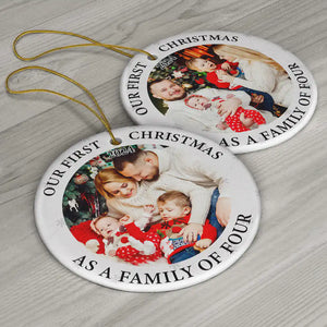 Custom Photo First Christmas As A Family Of Three New Parents - Personalized Circle Ceramic Ornament