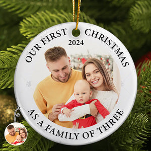 Custom Photo First Christmas As A Family Of Three New Parents - Personalized Circle Ceramic Ornament