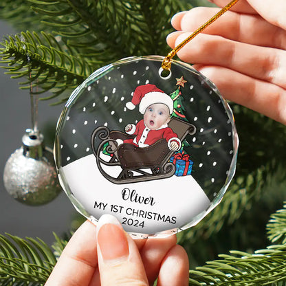 New baby, New Dad, New Mom, Parents - Custom Photo My First Christmas Baby Costumes - Personalized Circle Glass Ornament