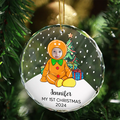 New baby, New Dad, New Mom, Parents - Custom Photo My First Christmas Baby Costumes - Personalized Circle Glass Ornament