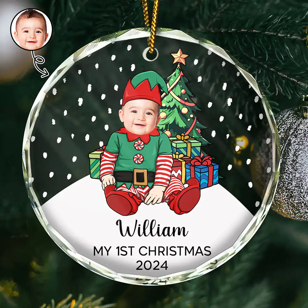 New baby, New Dad, New Mom, Parents - Custom Photo My First Christmas Baby Costumes - Personalized Circle Glass Ornament