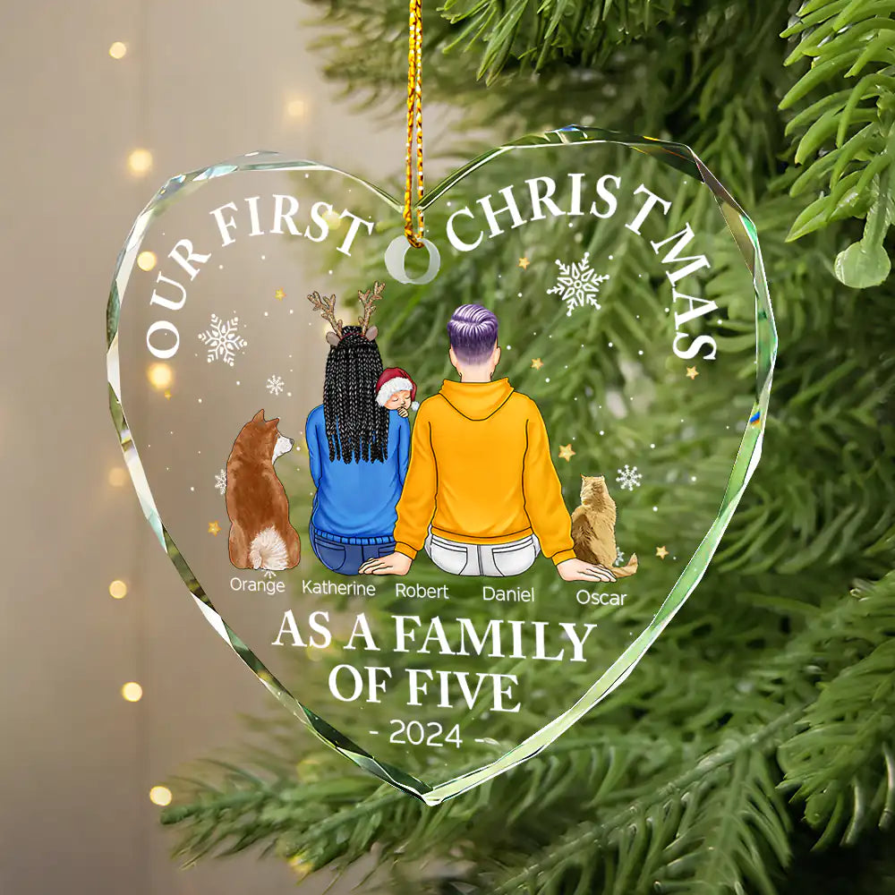 First Christmas As A Family Of Three New Parents - Personalized Heart Shaped Acrylic Ornament