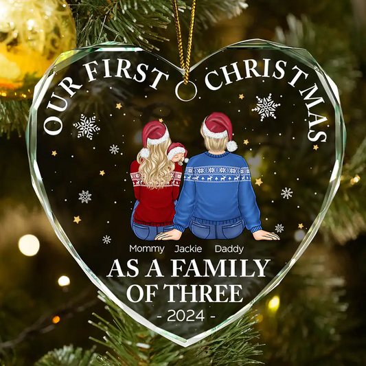 First Christmas As A Family Of Three New Parents - Personalized Heart Shaped Acrylic Ornament