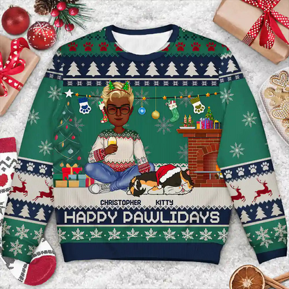 Happy Pawlidays Lying Cat - Personalized Unisex Ugly Sweater