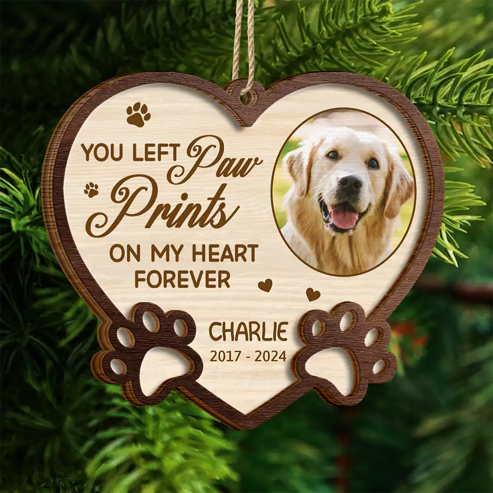 Custom Photo Memorial You Left Paw Prints On My Heart Forever - Personalized Wooden Ornament