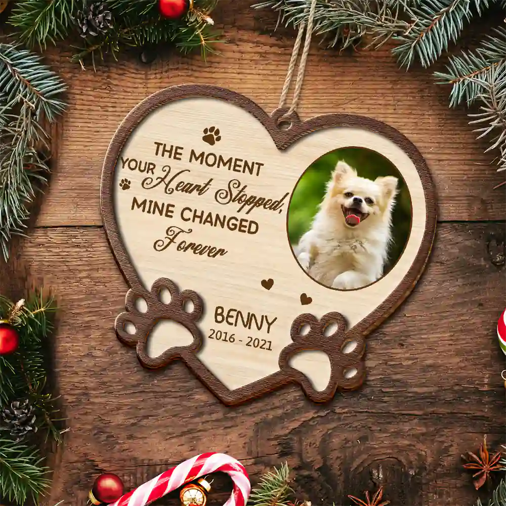 Custom Photo Memorial You Left Paw Prints On My Heart Forever - Personalized Wooden Ornament