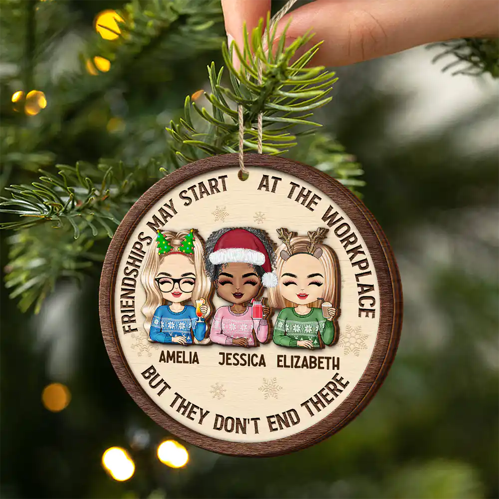 Gifts For Colleagues,Gift For Bestie - Friendships May Start At The Workplace Christmas Chibi - Personalized 2-Layered Wooden Ornament