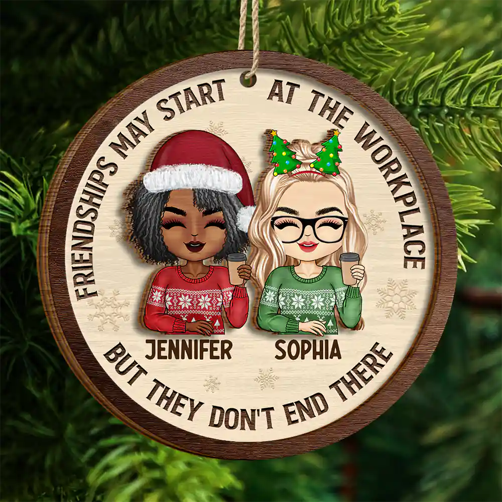 Gifts For Colleagues,Gift For Bestie - Friendships May Start At The Workplace Christmas Chibi - Personalized 2-Layered Wooden Ornament