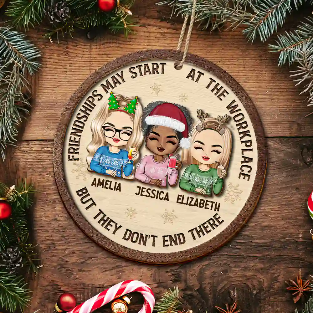 Gifts For Colleagues,Gift For Bestie - Friendships May Start At The Workplace Christmas Chibi - Personalized 2-Layered Wooden Ornament