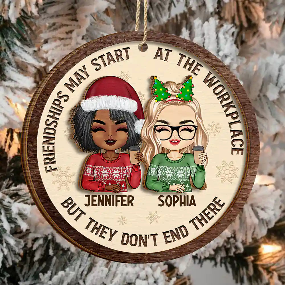 Gifts For Colleagues,Gift For Bestie - Friendships May Start At The Workplace Christmas Chibi - Personalized 2-Layered Wooden Ornament