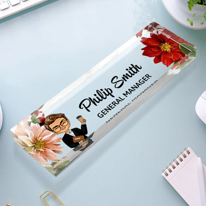 Woman Man Office Floral  - Personalized Desk Name Plate