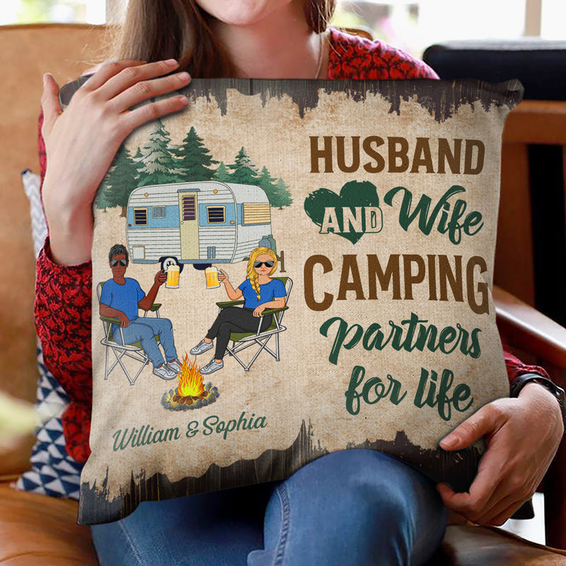 Let's Sit By The Campfire Husband Wife Camping Couple - Personalized Custom Pillow