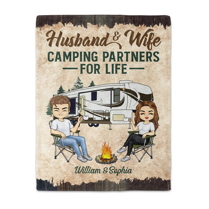 Partners For Life Husband Wife Camping - Couple Gift - Personalized Custom Fleece Blanket