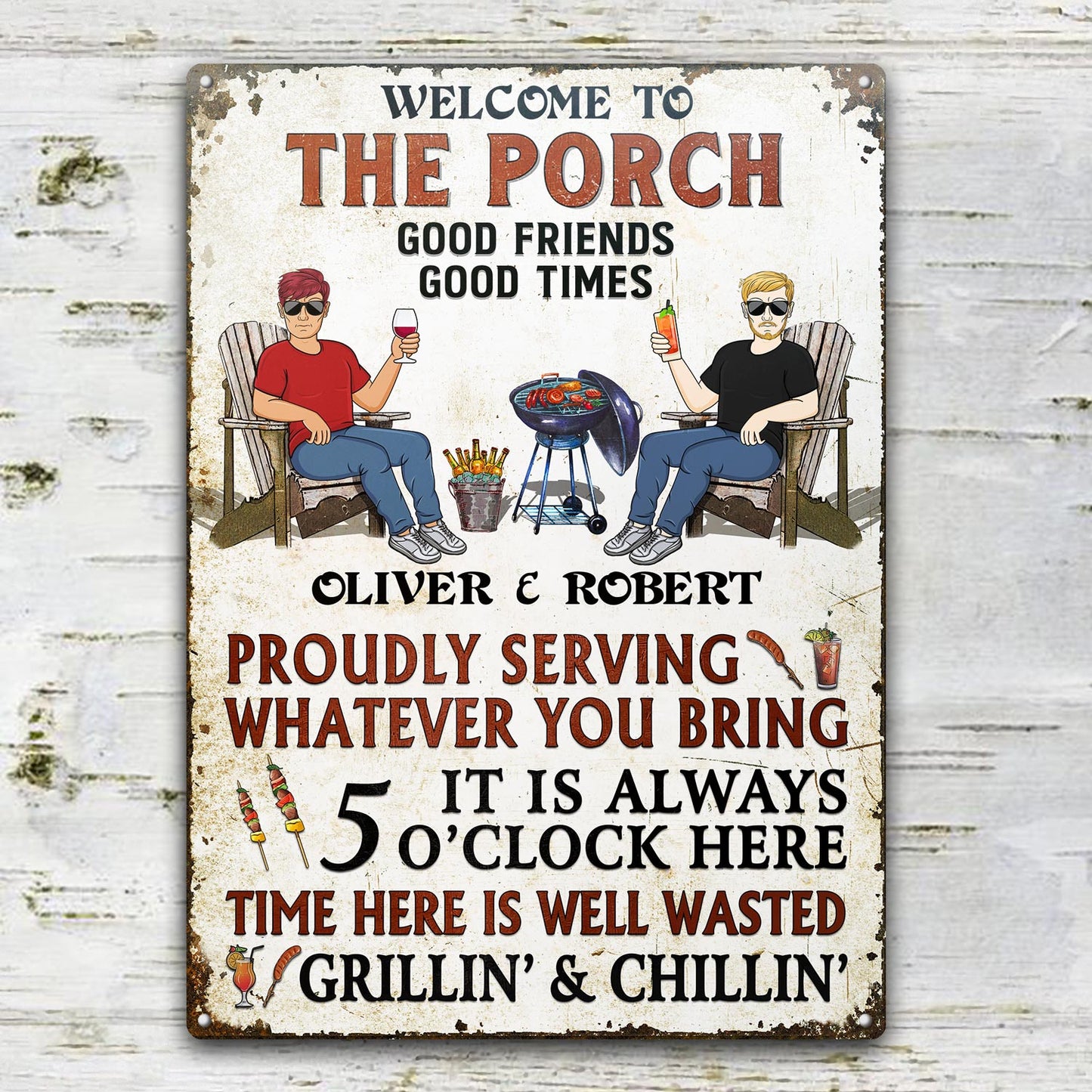 Welcome To Our Patio Proudly Serving Whatever You Bring Couple Husband Wife - Backyard Sign - Personalized Custom Classic Metal Signs