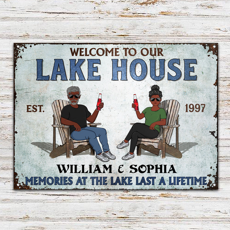 Lake House Memories At The Lake Last A Lifetime - Couple Gift - Personalized Custom Classic Metal Signs