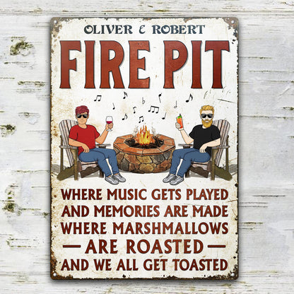 Fire Pit Where Music Gets Played Husband Wife Camping Couple Vertical - Backyard Sign - Personalized Custom Classic Metal Signs