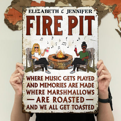 Fire Pit Where Music Gets Played Husband Wife Camping Couple Vertical - Backyard Sign - Personalized Custom Classic Metal Signs