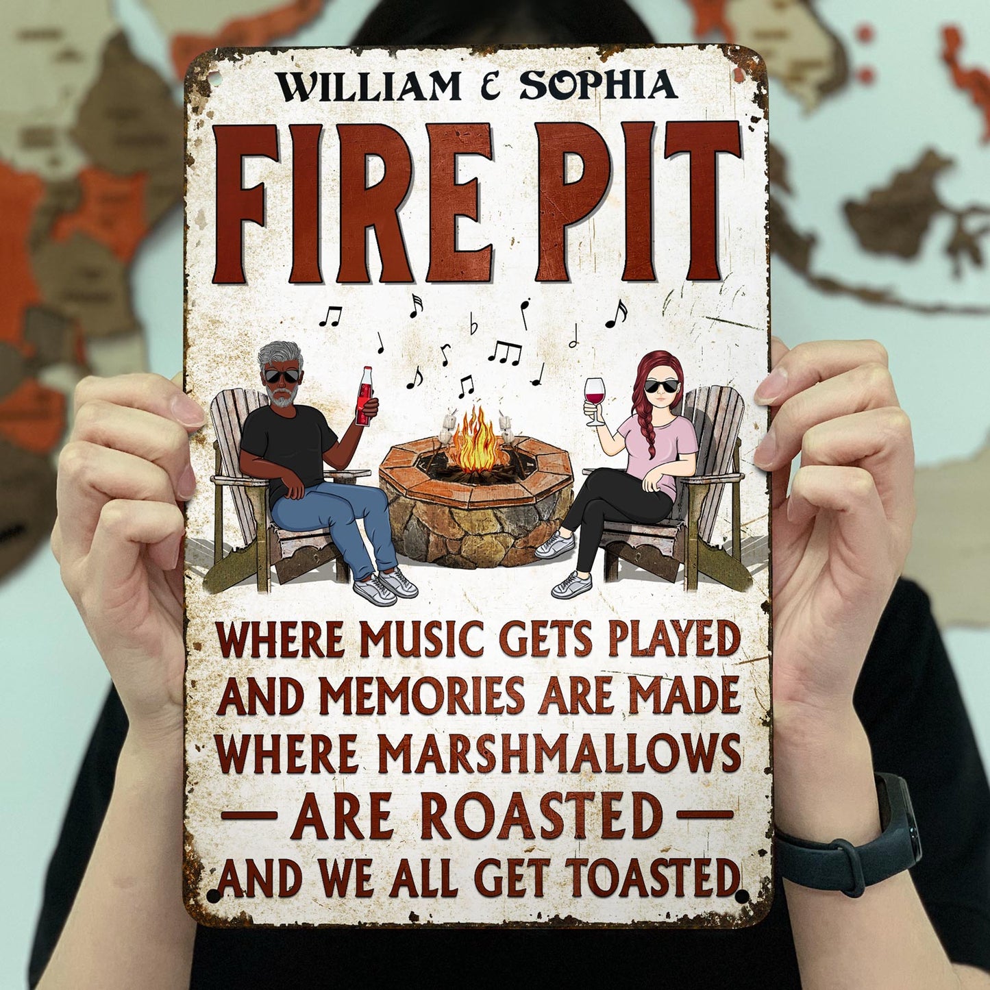 Fire Pit Where Music Gets Played Husband Wife Camping Couple Vertical - Backyard Sign - Personalized Custom Classic Metal Signs