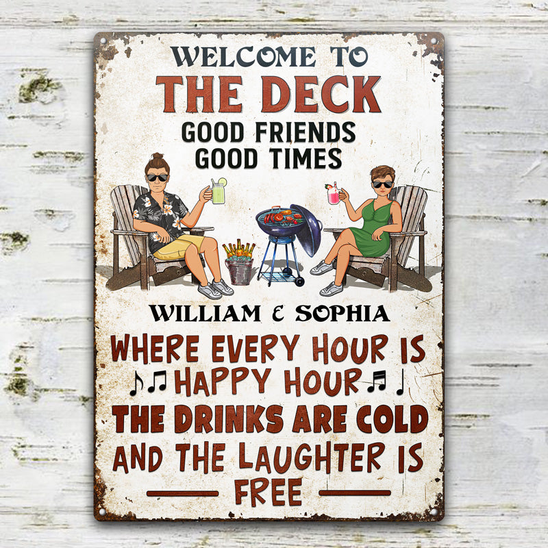 Patio Grilling Where Every Hour Is Happy Hour Couple Husband Wife - Backyard Sign - Personalized Custom Classic Metal Signs