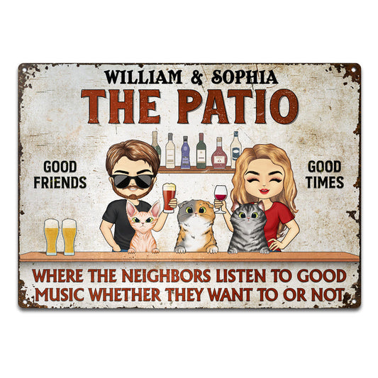 Where The Neighbors Listen To Good Music Chibi Couple Husband Wife Cat Lovers - Backyard Sign - Personalized Custom Classic Metal Signs