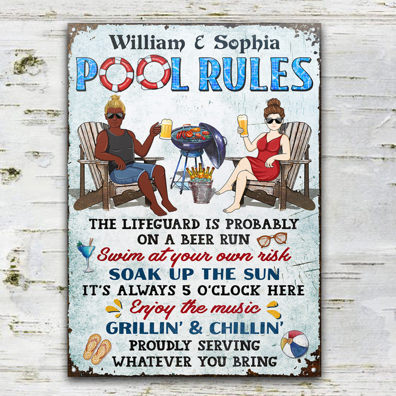 Pool Rules Swim At Your Own Risk Grilling Couple Husband Wife Pride - Backyard Sign - Personalized Custom Classic Metal Signs