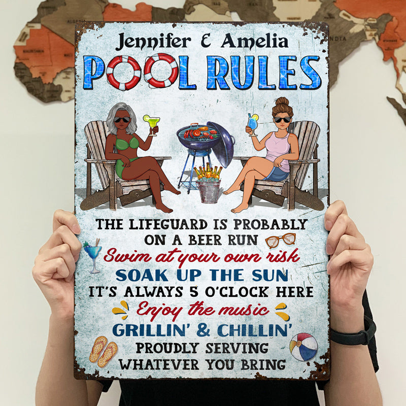 Pool Rules Swim At Your Own Risk Grilling Couple Husband Wife Pride - Backyard Sign - Personalized Custom Classic Metal Signs