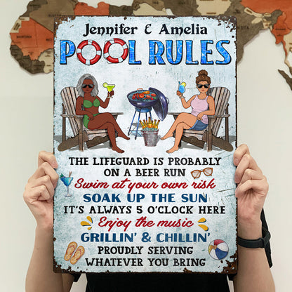 Pool Rules Swim At Your Own Risk Grilling Couple Husband Wife Pride - Backyard Sign - Personalized Custom Classic Metal Signs