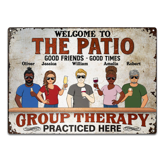 Patio Grilling Group Therapy Practiced Here Family Best Friends - Backyard Sign - Personalized Custom Classic Metal Signs