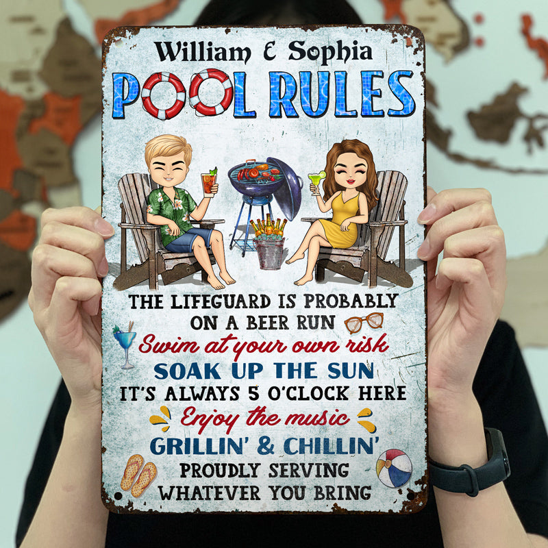 Pool Rules Swim At Your Own Risk Grilling Couple Husband Wife Chibi - Backyard Sign - Personalized Custom Classic Metal Signs