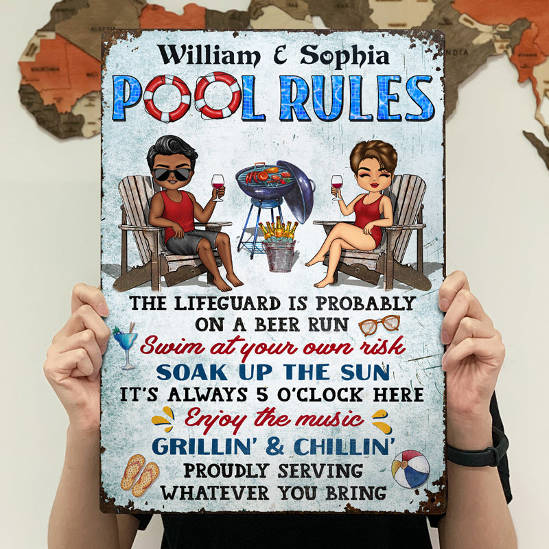 Pool Rules Swim At Your Own Risk Grilling Couple Husband Wife Chibi - Backyard Sign - Personalized Custom Classic Metal Signs