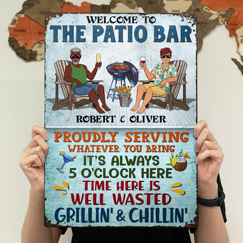 The Pool Bar Proudly Serving Whatever You Bring Grilling Couple - Backyard Sign - Personalized Custom Classic Metal Signs