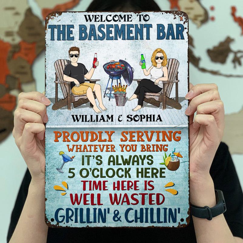 The Pool Bar Proudly Serving Whatever You Bring Grilling Couple - Backyard Sign - Personalized Custom Classic Metal Signs