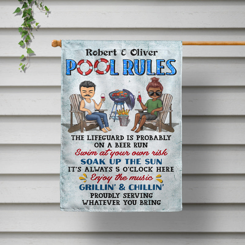 Pool Rules Swim At Your Own Risk Grilling Couple Husband Wife Chibi - Backyard Decor - Personalized Custom Flag