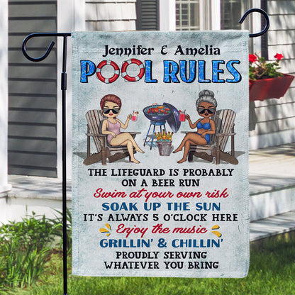 Pool Rules Swim At Your Own Risk Grilling Couple Husband Wife Chibi - Backyard Decor - Personalized Custom Flag