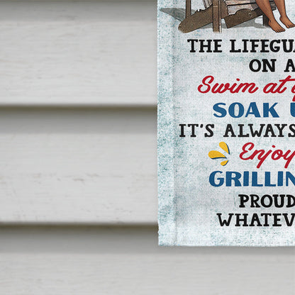 Pool Rules Swim At Your Own Risk Grilling Couple Husband Wife Chibi - Backyard Decor - Personalized Custom Flag